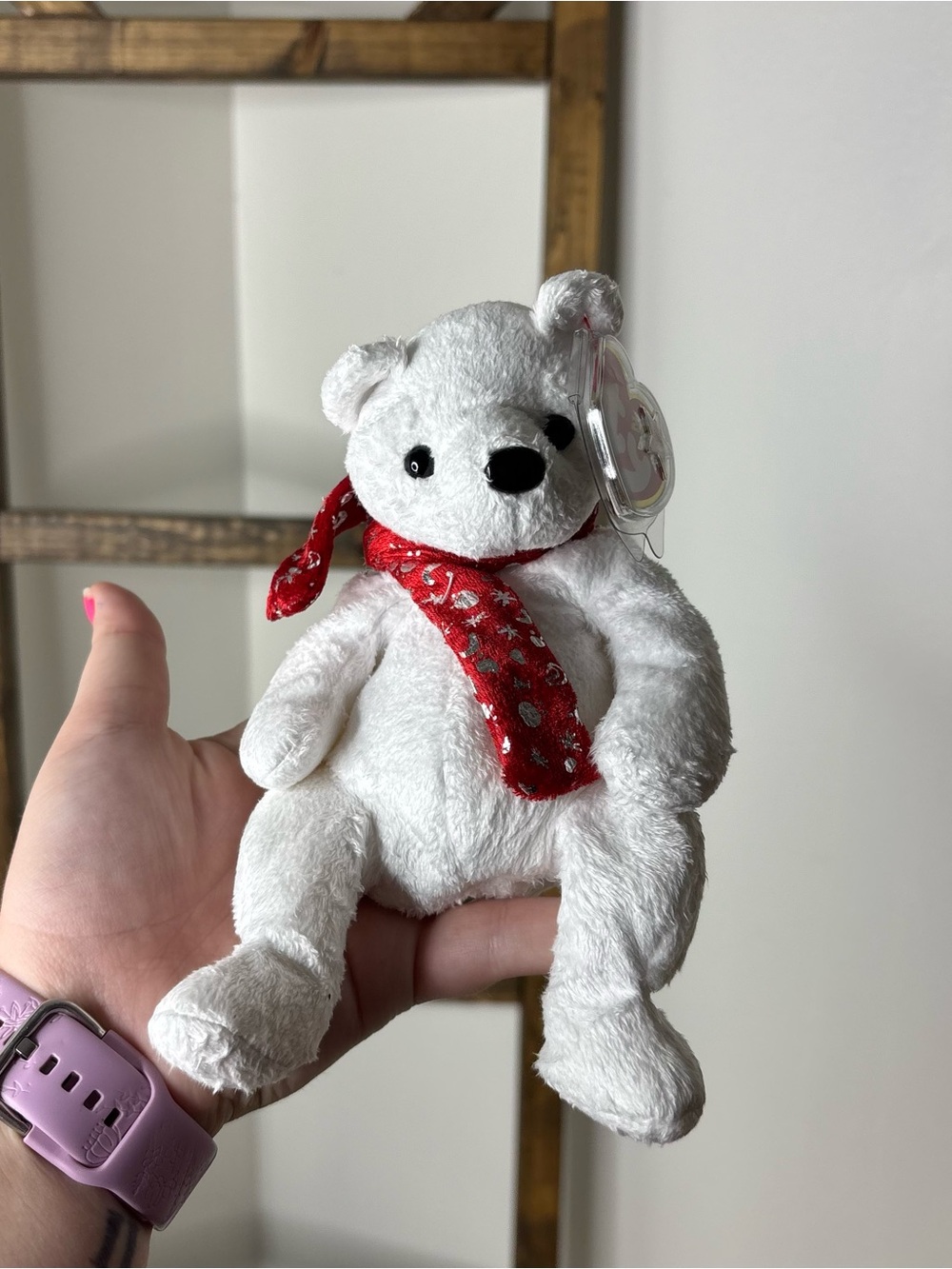 Ty Beanie Baby 2000 Holiday Teddy White Plush Bear with Red Scarf